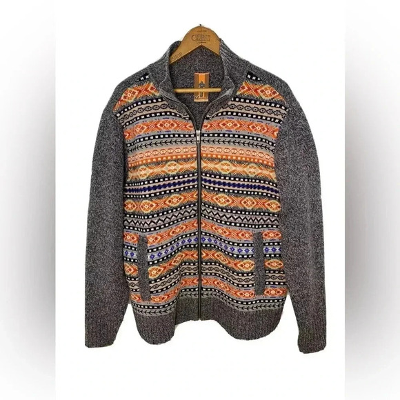 JOGGER 100% Wool Sweater Full Zip Mens Large Pockets Geometric Knit Collared - Picture 2 of 13